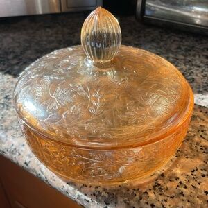 Vintage Jeanette Glass Louisa Iridescent Floragold Covered Candy Dish